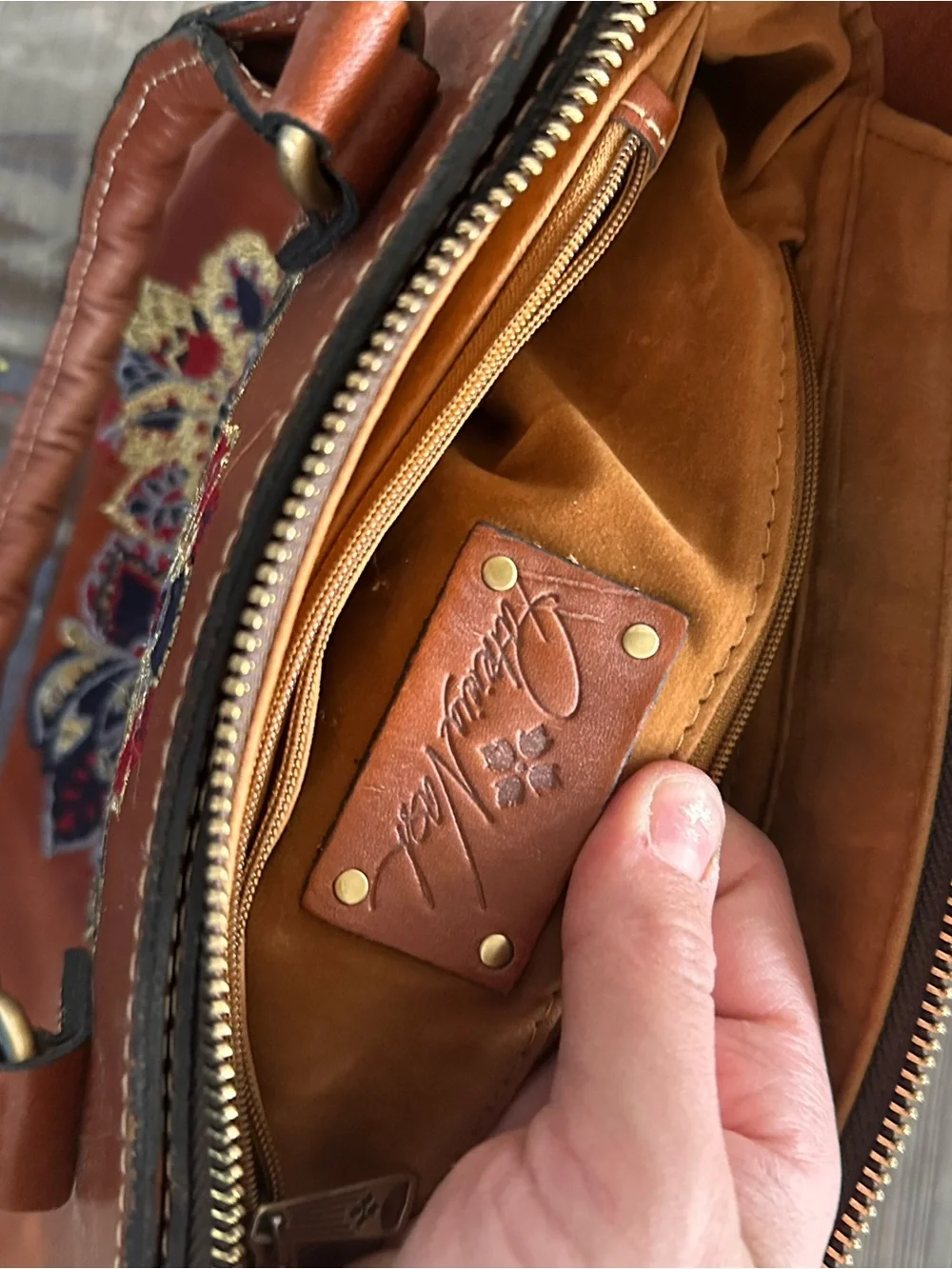 Patricia Nash Brown Leather Satchel with Multicolor Floral Embroidery